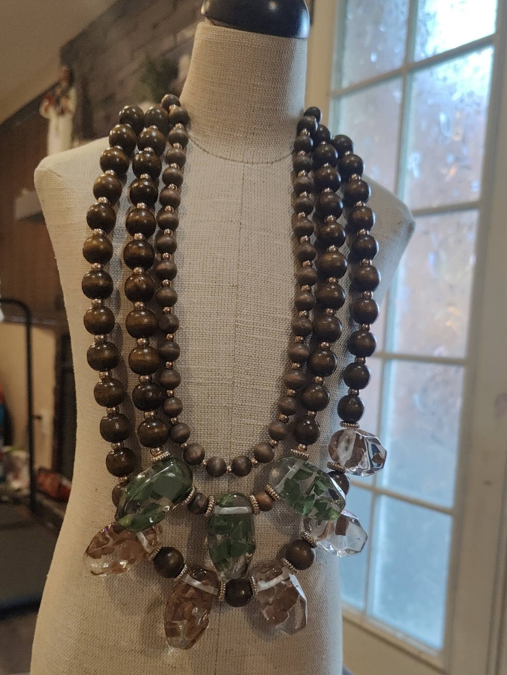 Brown Beaded Necklace with Green and Clear Accents